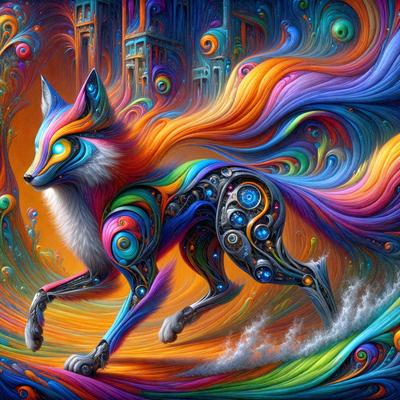 The primary subject of the image is a colorful fox with a rainbow-colored tail. The fox is walking on a rainbow-colored surface, which adds to the vibrant and lively atmosphere of the scene. The visual style of the image is digital art, as it is a detailed and intricate illustration of the fox. The colors and mood of the image are bright, cheerful, and energetic, with the rainbow colors and the fox's movement creating a sense of